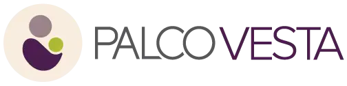Palco Vesta logo with abstract cream circle emblem and the text 'PALCO VESTA' in gray and purple.